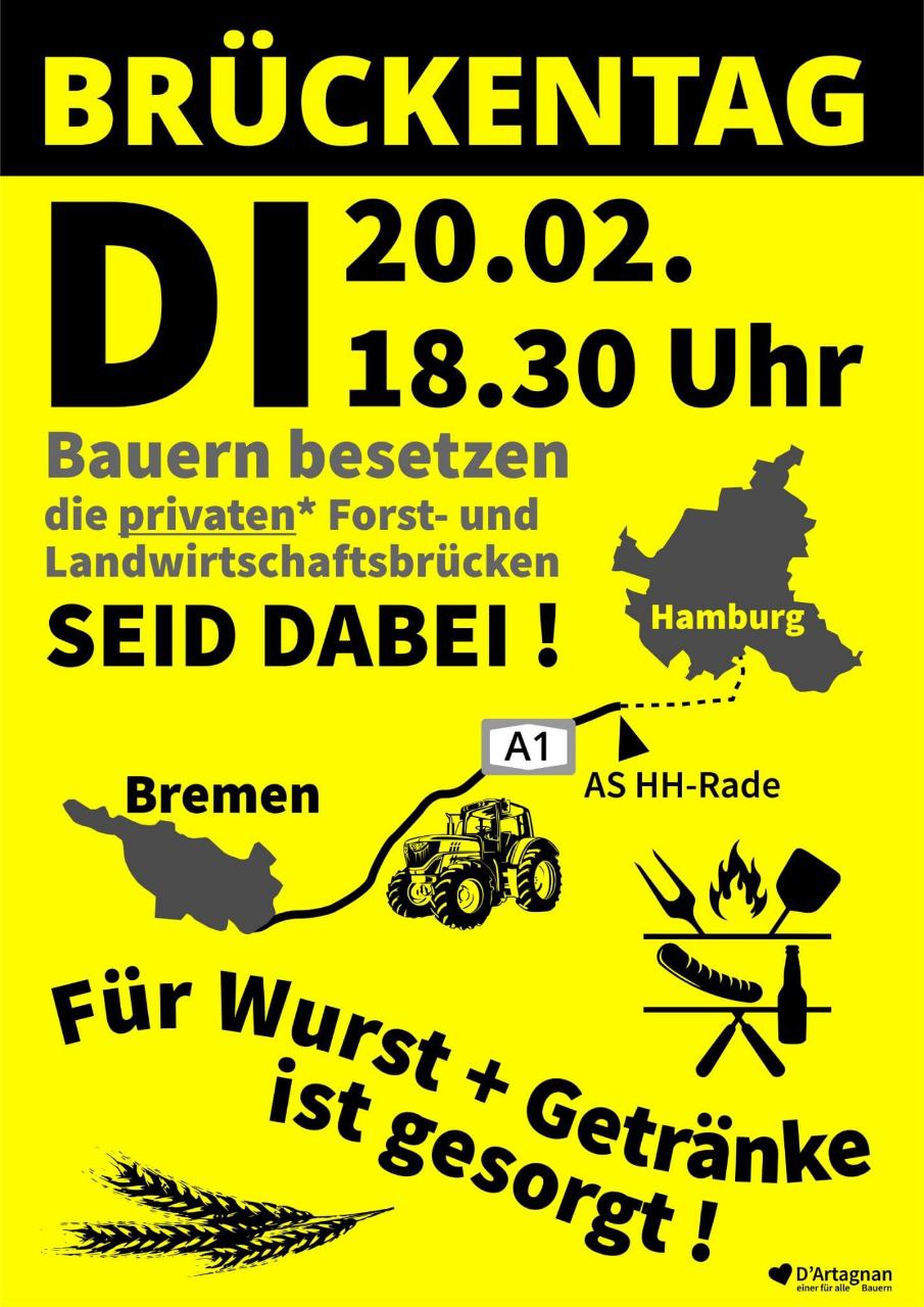Bauernproteste Brückentag A1 AS HH Rade Bremen nach Hamburg Februar 2024, ab 1830 Uhr