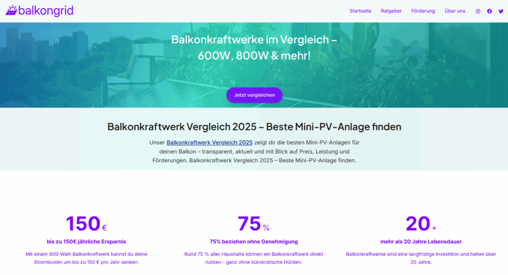Balkongrid.de auf Baustelle.com: Das Vergleichsportal, auf dem der Kunde entscheidet 2 balkongrid.de In Zeiten steigender Energiepreise, wachsender Klimaschutzbemühungen und dem Wunsch nach Energieunabhängigkeit gewinnen Balkonkraftwerke rasant an Bedeutung. Immer mehr Menschen suchen nach einer einfachen Lösung, selbst Strom zu produzieren – doch der Markt für steckerfertige Mini-PV-Systeme ist unübersichtlich und komplex. Genau hier setzt Balkongrid.de an: eine Plattform, die Transparenz schafft und dem Nutzer die Kontrolle überlässt.
